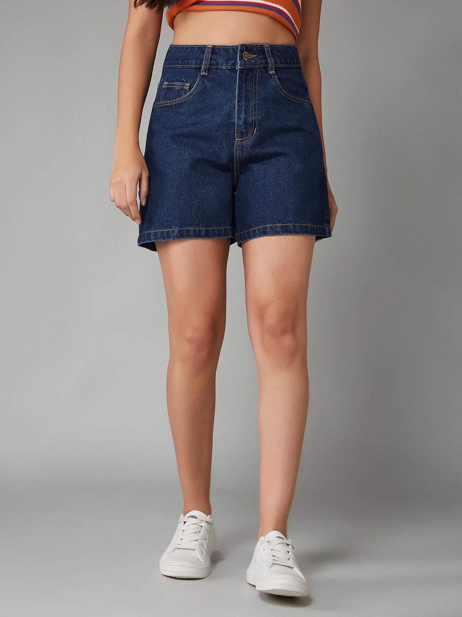 Women Dark Blue Flared High-Rise Clean-Look Regular-Length Denim Shorts