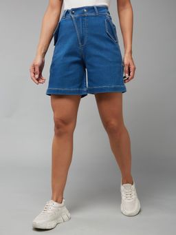 DOLCE CRUDO - Women Relaxed-Fit Mid-Rise Stretchable Blue Denim Bermuda Shorts