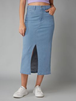 DOLCE CRUDO - Women Light Blue Straight Fit High Rise Stretchable Denim Midi Skirt