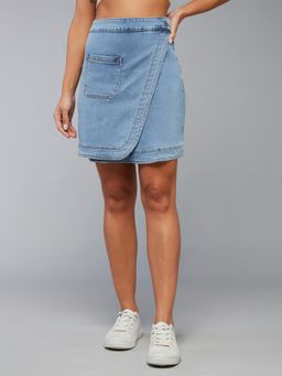 DOLCE CRUDO - Women Light Blue Regular High Rise Above Knee Stretchable Denim Skirt