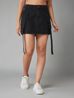 DOLCE CRUDO - Women Black Straight High-Rise Clean-Look Mini Denim Skirt