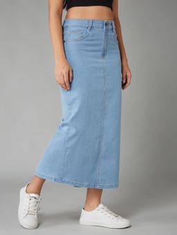 DOLCE CRUDO - Women Light Blue Straight High Rise Midi Stretchable Denim Skirt
