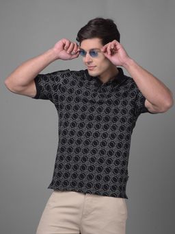 CRIMSOUNE CLUB - Mens Black Geometric Half Sleeves Collar Neck Polo T-Shirt
