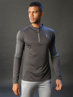 Campus Sutra - Self Design Men Mandarin Collar Charcoal Sports T-shirts