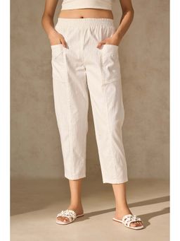 Virgio - Women Cotton Straight Fit Stripes White Pant