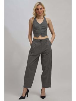 Virgio - Women Polyester Tapered Fit Checks Grey Trouser