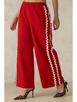 Virgio - Women Cotton Flared Fit Solid Red Trouser