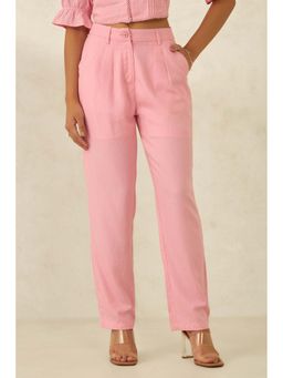 Virgio - Women Cotton Straight Fit Solid Pink Trouser
