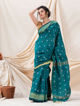 Angoshobha - Traditional Deep Teal Cotton Blended Handloom Saree with Unstitched Blouse