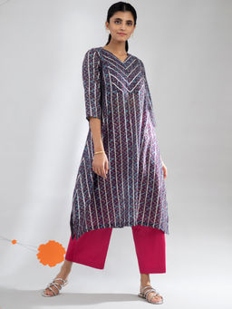 Pink Fort - Chevron Print Chanderi Kurta - Blue