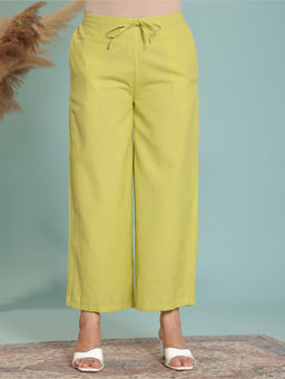 ARAMYA - Women Green Linen Cotton Solid Palazzo