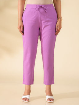 ARAMYA - Women Purple Linen Cotton Solid Pant