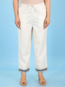 ARAMYA - Women White Linen Cotton Solid Pant