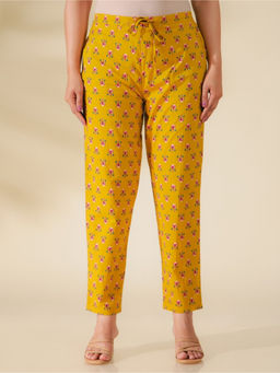 ARAMYA - Women Yellow Soft Cotton Floral Pant