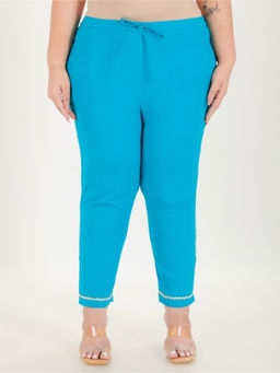 ARAMYA - Women Blue Linen Cotton Solid Pant