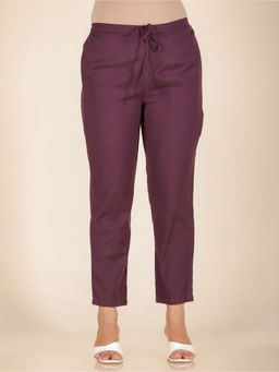 ARAMYA - Women Purple Linen Cotton Solid Pant