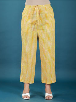 ARAMYA - Women Yellow Soft Cotton Striped Pant
