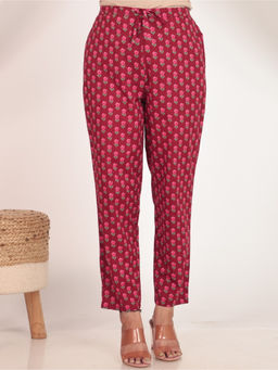 ARAMYA - Women Maroon Soft Cotton Floral Pant