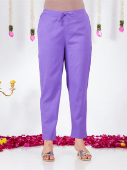 ARAMYA - Women Purple Linen Cotton Solid Pant