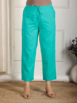 ARAMYA - Women Sea Green Linen Cotton Solid Pant