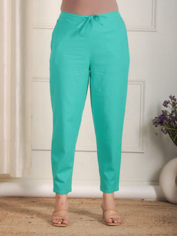 ARAMYA - Women Mint Green Linen Cotton Solid Pant