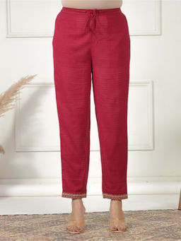 ARAMYA - Women Maroon Cotton Dobby Checks Pant