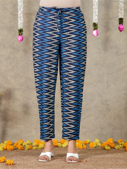 ARAMYA - Women Navy Blue Linen Cotton Printed Pant