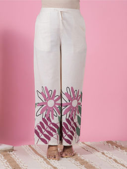 ARAMYA - Women Off White Soft Cotton Placement Floral Palazzo