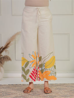 ARAMYA - Women Off White Linen Cotton Foliage Palazzo