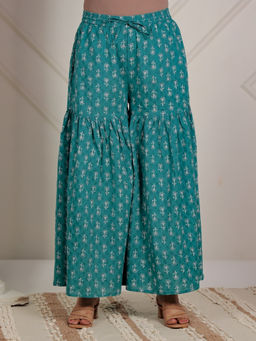 ARAMYA - Women Turquoise Soft Cotton Floral Sharara