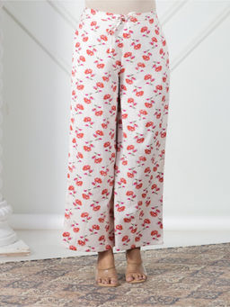ARAMYA - Women Off White Linen Cotton Floral Palazzo