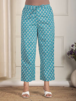 ARAMYA - Women Blue Soft Cotton Floral Pant