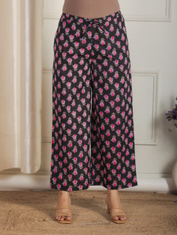 ARAMYA - Women Black Soft Cotton Floral Palazzo
