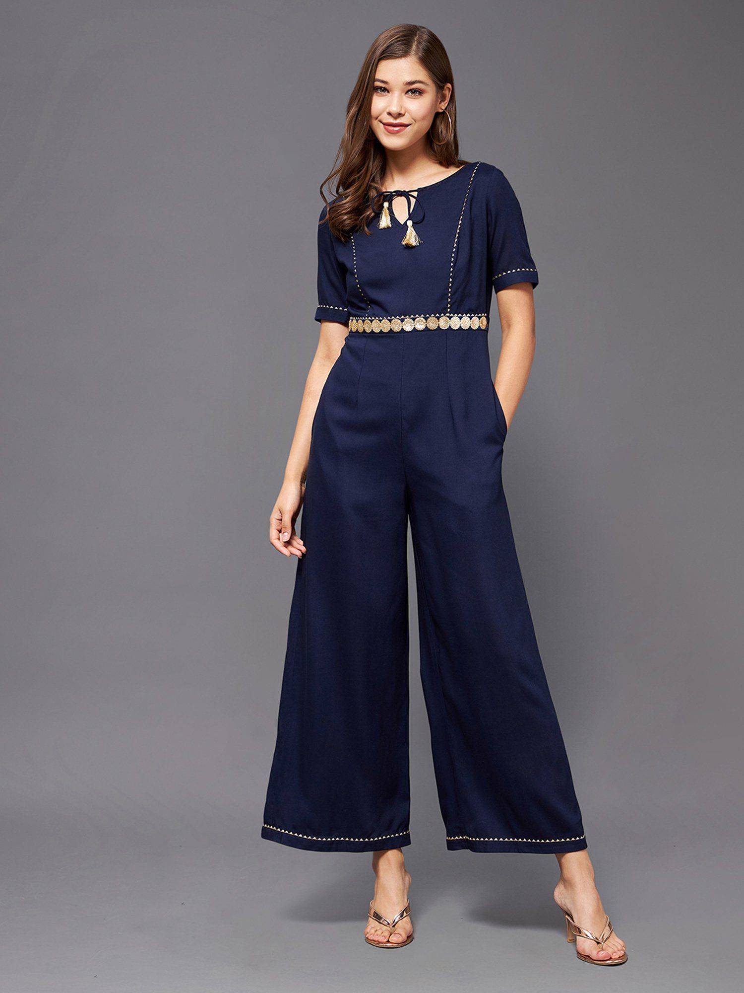 miss chase Women's Navy Blue Round Neck Half Sleeve Viscose Embellished Straight Leg Jumpsuit-picture-26