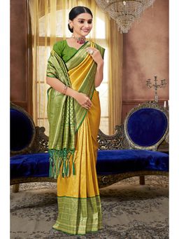 Sangam Prints - Yellow Silk Woven Zari Work Traditional Tassel Saree with Unstitched Blouse