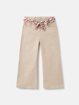 ELLE - Girls Beige Solid Wide Leg Mid-Rise Jeans with Belt (Set of 2)