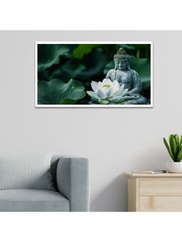 Dekorstation - Buddha Statue Meditating Near Blooming White Lotus Flower Wall Painting