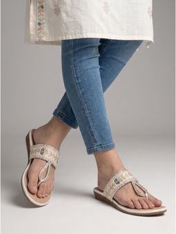 DENILL - White Women's Flats with Multicolour Embroidery and Toe Loop