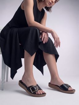 DENILL - Black Women's Slip On Flats with Gold Buckle Straps