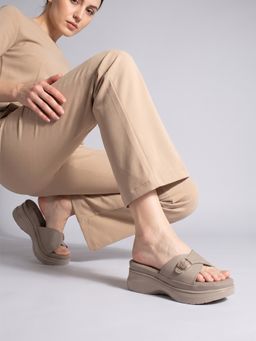 DENILL - Grey Women's Platform Slip On Sandals with Crisscross Buckle Straps
