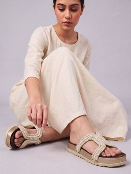 DENILL - White Women's Platform Slip On Sandals with Pearl Braided Straps