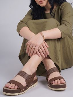 DENILL - Brown Women's Slip On Sandals with Multi Strap Rivet Detailing