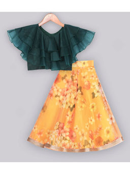FREE SPARROW - Printed Orange Organza Lehenga with Organza Ruffle Green Top (Set of 2)