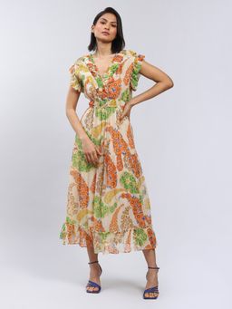 Label Ritu Kumar - V Neck Short Sleeves Printed Long Dress