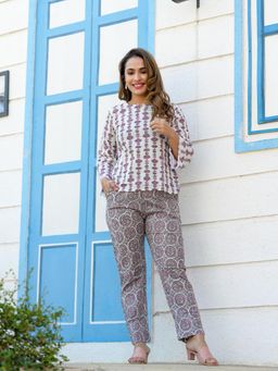 KAFTANIZE - Freesia Multi Color Printed Cotton Top With Lace Trims And Trouser