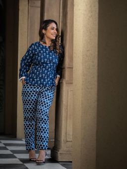 KAFTANIZE - Elite Bloom Blue Printed Top With Lace Trims And Trouser