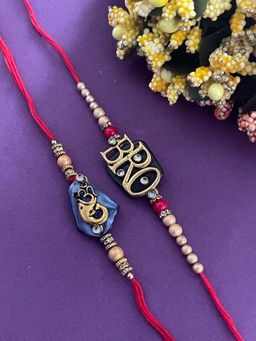 Digital Dress Room - Fancy GreenBlue Marble BroLord GaneshaOm Beads Red Thread Rakhi (Pack of 2)