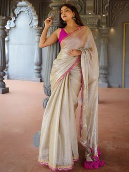 SATRANI - Beige Solid Saree with Unstiched Blouse