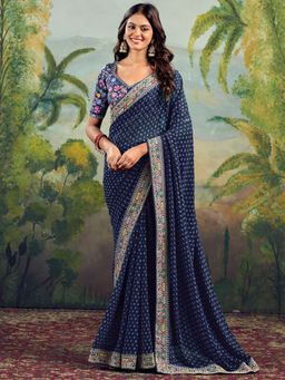SATRANI - Blue Printed Saree with Unstiched Blouse
