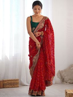 SATRANI - Red Printed Saree with Unstiched Blouse